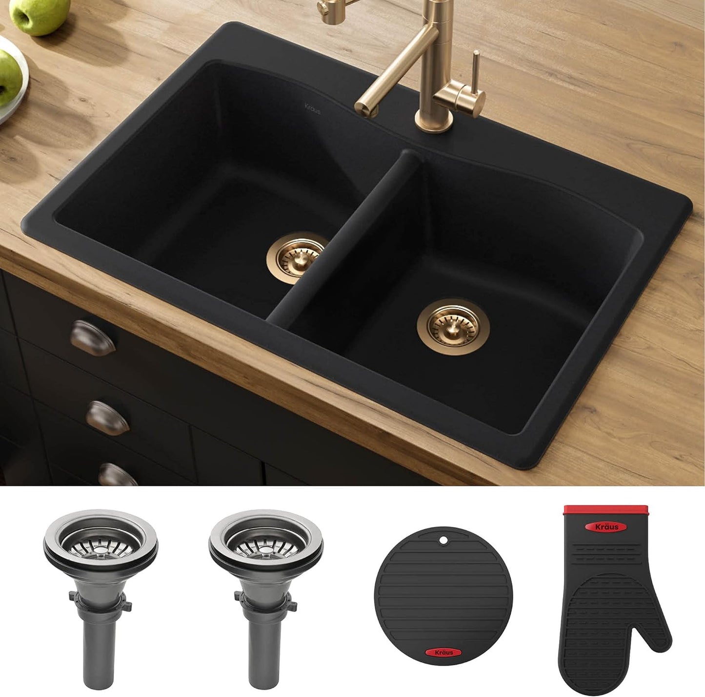 KRAUS Forteza 33" Drop-In/Undermount Double Bowl Kitchen Sink - Black