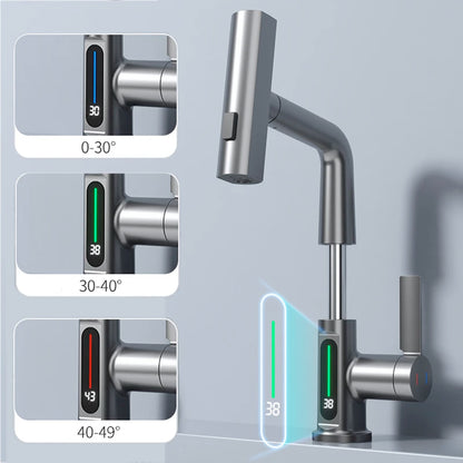 Waterfall Vanity Faucet w/ Stream Sprayer and Temperature Digital Display 