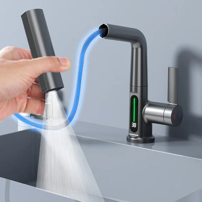 Waterfall Vanity Faucet w/ Stream Sprayer and Temperature Digital Display 