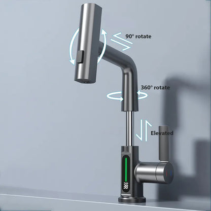 Waterfall Vanity Faucet w/ Stream Sprayer and Temperature Digital Display 