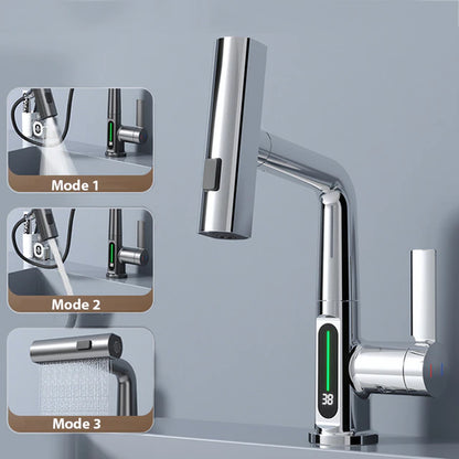 Waterfall Vanity Faucet w/ Stream Sprayer and Temperature Digital Display 